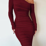MARGARET™ - Striped Ruched Asymmetrical Neck Bodycon Dress