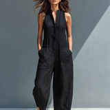 Sleeveless Minimalist Jumpsuit for Women with High Collar and Buttons