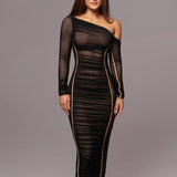 MARGARET™ - Striped Ruched Asymmetrical Neck Bodycon Dress