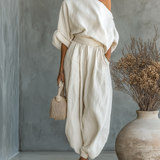 Women's Off-White Set with Off-Shoulder Top and Tapered Pants