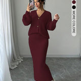 LEA™ - Solid Button Front Sweater & Long Skirt Knit Set