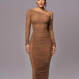 MARGARET™ - Striped Ruched Asymmetrical Neck Bodycon Dress
