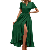 PILAR™ – Classy Flowy Wrap V-Neck Short Sleeve Maxi Dress