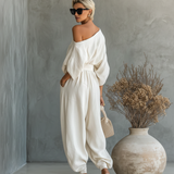 Women's Off-White Set with Off-Shoulder Top and Tapered Pants