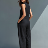 Sleeveless Minimalist Jumpsuit for Women with High Collar and Buttons