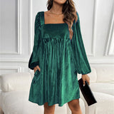 KEYZI™ - Cozy Plain Bishop Sleeve Square Neck Mini Dress