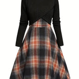 JORY™ - Vintage Round Neck Long Sleeve Crop Top and Plaid Dress