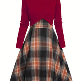 JORY™ - Vintage Round Neck Long Sleeve Crop Top and Plaid Dress