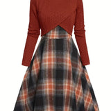 JORY™ - Vintage Round Neck Long Sleeve Crop Top and Plaid Dress