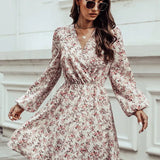 QITI™ - Chic Floral V-Neck Long Sleeve Mini Dress