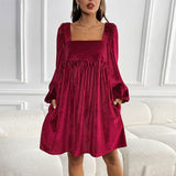 KEYZI™ - Cozy Plain Bishop Sleeve Square Neck Mini Dress