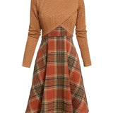 JORY™ - Vintage Round Neck Long Sleeve Crop Top and Plaid Dress
