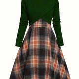 JORY™ - Vintage Round Neck Long Sleeve Crop Top and Plaid Dress