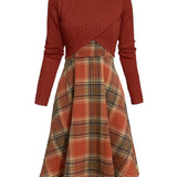 JORY™ - Vintage Round Neck Long Sleeve Crop Top and Plaid Dress
