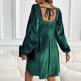 KEYZI™ - Cozy Plain Bishop Sleeve Square Neck Mini Dress