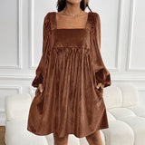 KEYZI™ - Cozy Plain Bishop Sleeve Square Neck Mini Dress