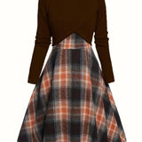 JORY™ - Vintage Round Neck Long Sleeve Crop Top and Plaid Dress