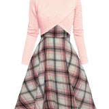 JORY™ - Vintage Round Neck Long Sleeve Crop Top and Plaid Dress