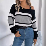 ALTHEIRA™ - Casual Striped Asymmetrical Neck Long Sleeve Sweater