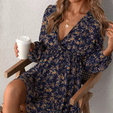 QITI™ - Chic Floral V-Neck Long Sleeve Mini Dress