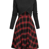 JORY™ - Vintage Round Neck Long Sleeve Crop Top and Plaid Dress