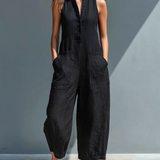 Sleeveless Minimalist Jumpsuit for Women with High Collar and Buttons