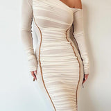 MARGARET™ - Striped Ruched Asymmetrical Neck Bodycon Dress