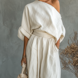 Women's Off-White Set with Off-Shoulder Top and Tapered Pants