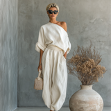 Women's Off-White Set with Off-Shoulder Top and Tapered Pants